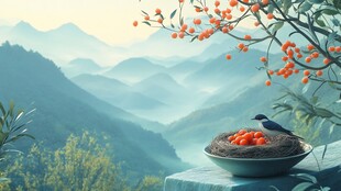 山谷中的鸟窝与橙色果实