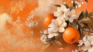 橙色背景上的橙子与白色花朵