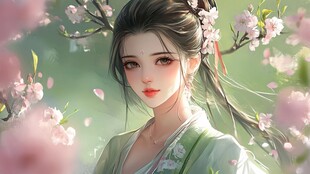桃花映照下的古典美人