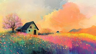 乡村日落风景画