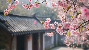 春日里 桃花朵朵 古老的房子静静地矗立在那里