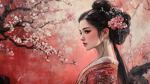 红衣女子与桃花树