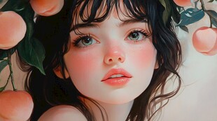 桃花映照下的年轻女孩