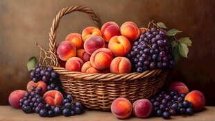 桃葡萄篮子静物画