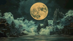 满月下的神秘山水