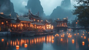 古风水镇夜景图