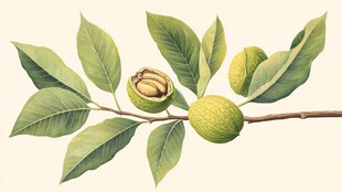 核桃枝与果实的植物插图