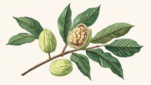 核桃枝与果实的植物学插图