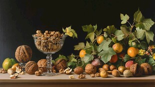 静物画中的坚果和水果