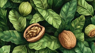 核桃与绿叶的生动拥抱