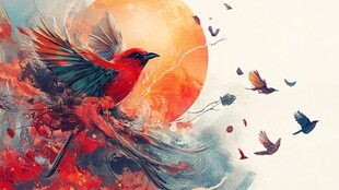 火红的鸟儿与抽象的太阳