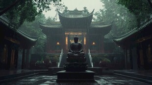 雨中的古寺庙