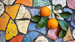 五彩斑斓的马赛克与橙子的碰撞