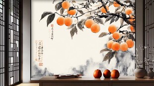 橙色柿子水墨画