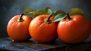 三颗熟透的柿子 带着绿叶 静静地躺在深色的表面上