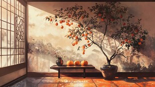 阳光下的室内橘树与桌上的南瓜