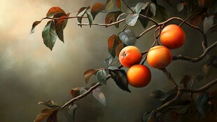 橙色柿子与绿叶