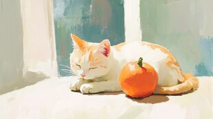 猫与橙色南瓜的宁静时刻