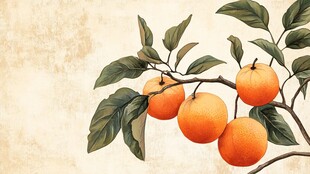 橙色果实与绿叶的植物画