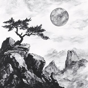 山水画中的孤独松树
