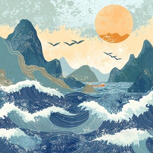 海浪山景日出鸟群