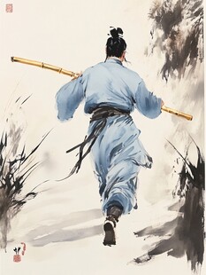 蓝衣男子扛杖行