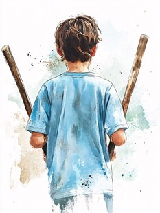 男孩的背影与木棍