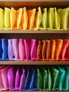 五颜六色的储物袋整齐排列在木制架子上