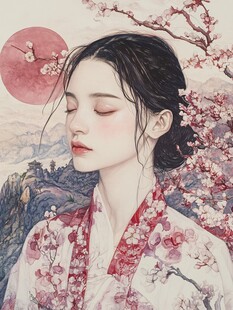 桃花映照下的宁静女子