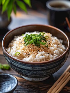 美味白米饭 点缀葱花和芝麻