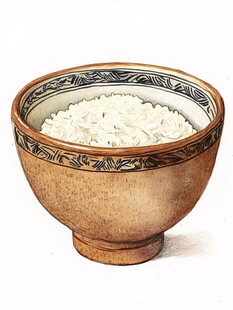 美味米饭盛在陶瓷碗中