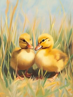 两只小黄鸭在草地上