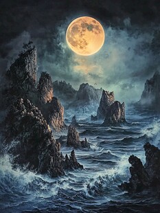 月下波涛汹涌的崎岖海岸