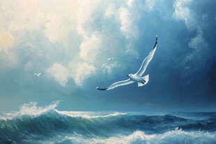 海鸥飞越汹涌海浪