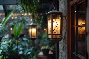 温馨的夜晚 户外灯光与绿植的交融