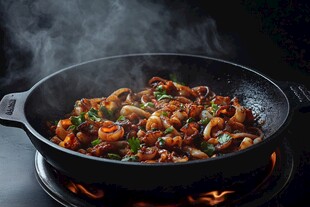 烤鱿鱼圈 铁板烧 美味 蒸汽 香气 烹饪 食物 厨房 烹饪技巧