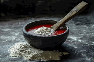 鲜红色酱料与白色粉末的混合物