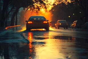 夕阳下的雨中行驶