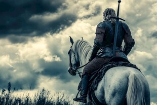 骑士与白马 背景是乌云密布的天空