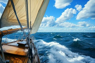 帆船在波涛中破浪前行