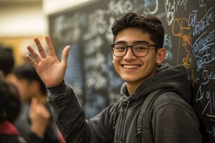 微笑的青少年在黑板前挥手