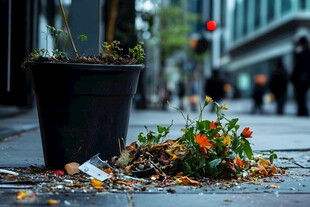 城市街道上的植物与垃圾