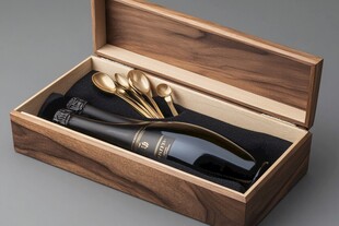 奢华木盒中的香槟与金勺