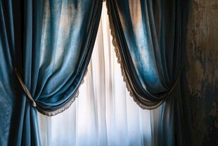 复古蓝色窗帘与古老墙壁的对比