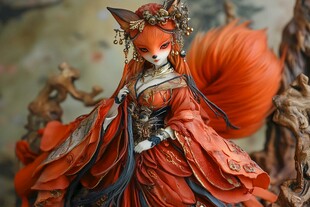 神秘狐仙 红衣女子 精致头饰 木制背景