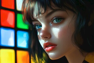 彩色玻璃窗前的年轻女孩