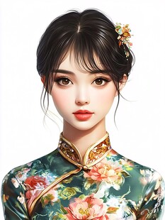 旗袍女子 精致妆容 头戴花饰 背景为白色