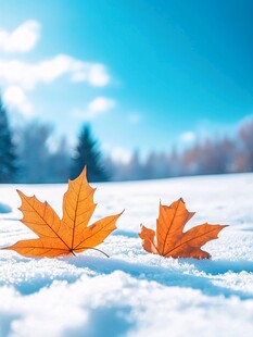 冬日暖阳映照下的枫叶雪地