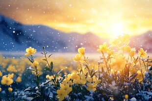 冬日夕阳下的金色花海