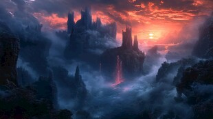 迷雾笼罩的山城日落